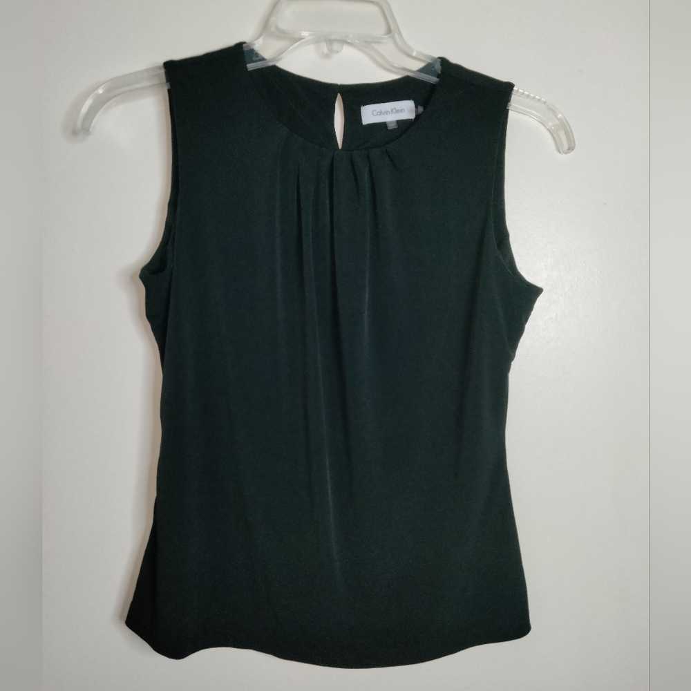 Calvin Klein (Size 10P) Classic Black Stretch Sleeveless Pleated Neckline Blouse